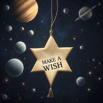 AI Wish Star. A Dark Blue Cosmic Sky With Glowing Planets, Countless Stars, And A Central Bright Star On A String Reading "Make A Wish", Creating A Magical, Mysterious Atmosphere Of Dreams And Wishes.