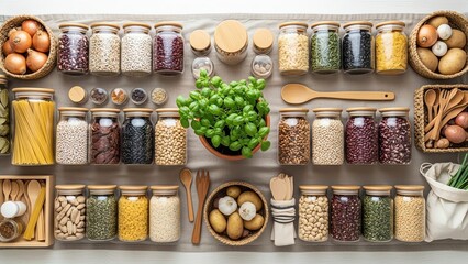 Pantry staples and ingredients arranged on a table