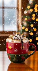 Steaming hot chocolate in a festive mug, topped with toasted marshmallow and syrup, symbolizing holiday cheer, warmth, and indulgence during winter season