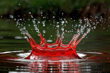Red liquid splash in water, creating a crown-like effect with droplets