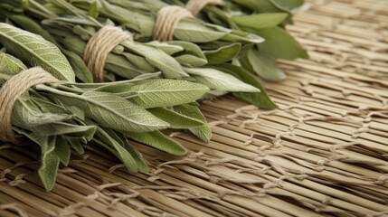 Fresh Sage Herb Bunches Tied With Twine on Bamboo Mat