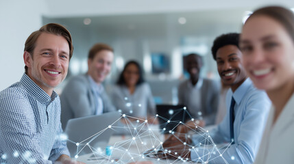 Diverse professional team collaborates while digital network overlay represents connectivity and partnership.