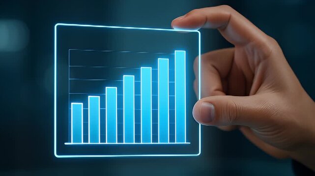 Futuristic business growth bar chart digital data graph with hand hologram interface showing rising bars, financial success analytics, performance metrics, and modern technology increase