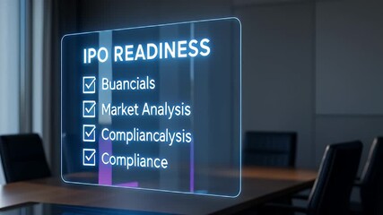Ipo readiness financial market analysis compliance checklist hologram screen business plan strategy corporate governance risk management financial planning modern conference room boardroom digital