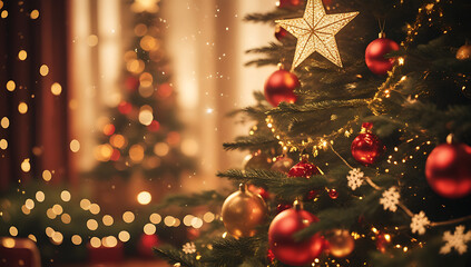 Close-up of a beautifully lit Christmas tree with red baubles and golden ornaments, bokeh lights in the background; 4K and HD image