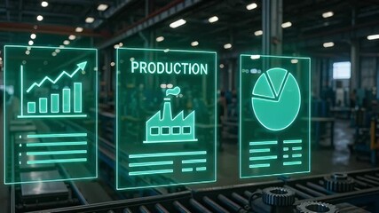 Factory production data automation technology digital report dashboard analytics industry smart manufacturing efficiency chart monitoring futuristic interface industrial process management strategy - Powered by Adobe