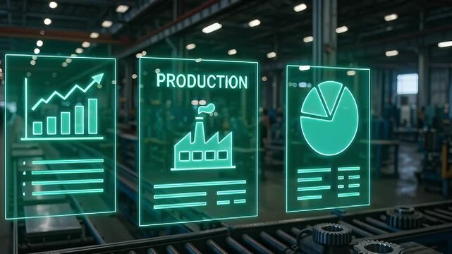 Factory production data automation technology digital report dashboard analytics industry smart manufacturing efficiency chart monitoring futuristic interface industrial process management strategy