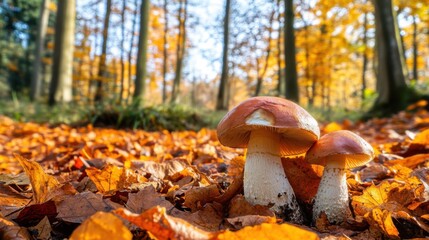 Forest Mushroom Amidst Autumn Leaves