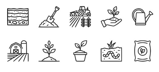Agriculture and gardening line icon set with soil plant tractor watering can seed farm elements in clean outline style illustrating growth and cultivation process Concept of farming sustainability   © Youfec
