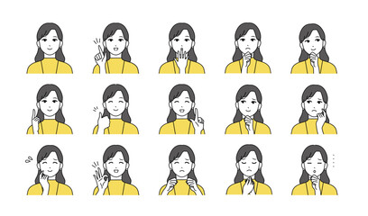 ロングヘアーの若い女性の様々表情バリエーションセット　イエロー