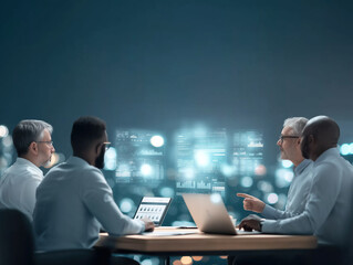 Diverse professional team collaborates around futuristic digital dashboard displaying analytical data.