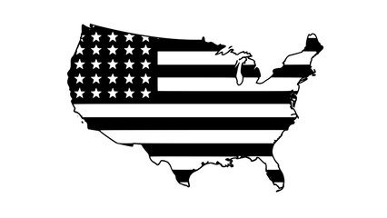 USA map silhouette vector with stars and stripes pattern, patriotic American style, bold colors, simple shapes, white background