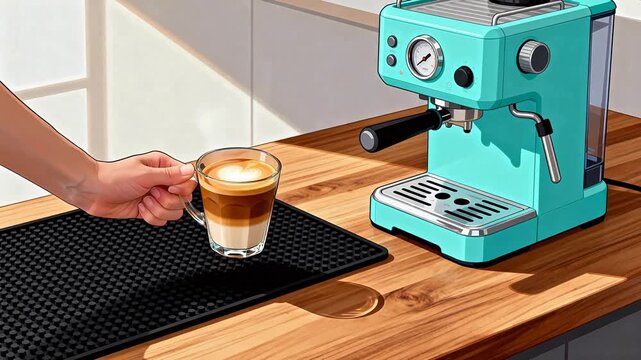 Coffee machine and cup on wooden counter