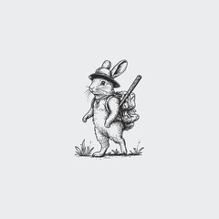 Cute traveler rabbit walking with backpack and hat, vintage hand drawn sketch illustration isolated on white background