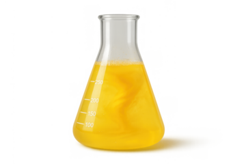 Erlenmeyer flask containing yellow liquid, demonstrating chemistry experiment or scientific fluid analysis with transparent background