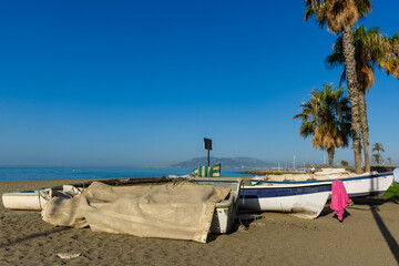Malaga, Spain - August 06, 2024: Beach "Playas del Palo" in Malaga, Spain © nedomacki