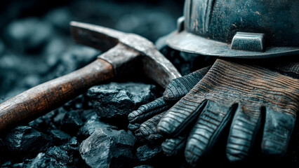 Coal Mining Safety Gear and Pickaxe on Black Coal Pile. Industrial Concept, Fossil Fuel.