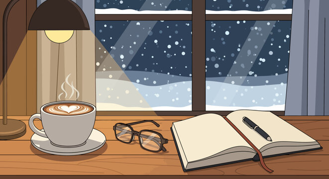 A cozy christmas winter scene with falling snow flakes outside a window, captured in a flat illustration, perfect for a peaceful evening of reading and warm drinks