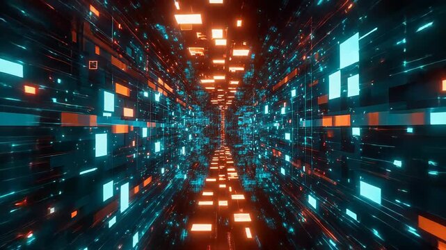 Digital data flowing through abstract futuristic network tunnel