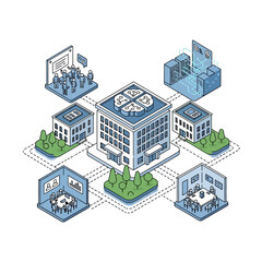 Connected Business Campus with Multiple Buildings and Meeting Rooms.