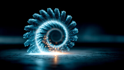 Futuristic Glowing Blue Mechanical Gear Spiral Concept. Sci-Fi Technology, Cyberpunk Machine.