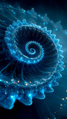 Abstract Glowing Blue Spiral Fractal Design on Dark Background. Cosmic Energy, Magical Swirl.