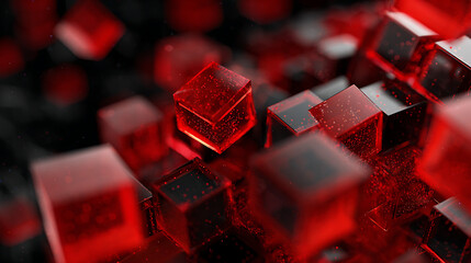 Red translucent cubes with speckles on surface scattered randomly isolated on a transparent background