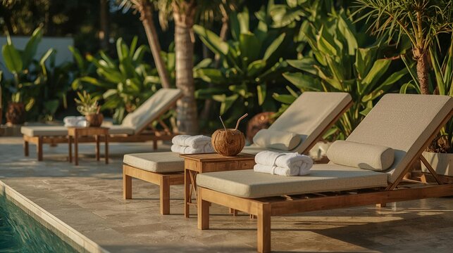 Premium vacation poolside scene with sun loungers near crystal-clear water, tropical greenery and a relaxing summer atmosphere.