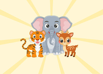 Tiger, elephant, and deer with yellow rays background.