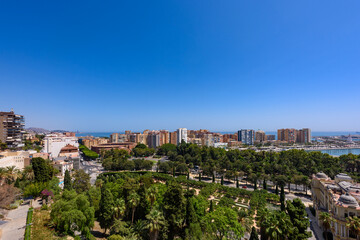Obraz premium Malaga, Spain - August 06, 2024: Jardines de Pedro Luis Alonso and La Malagueta in Malaga, Spain