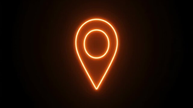 Vibrant neon map pin glowing intensely, representing a specific location or destination point on a digital interface, guiding users with its radiant orange light