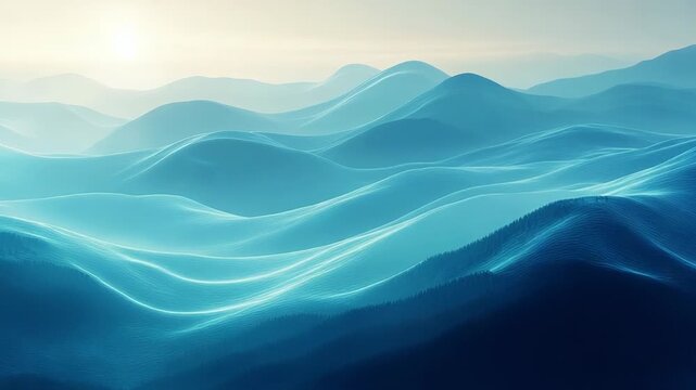 Graduating blue wavy mountain landscape with a serene sunrise
