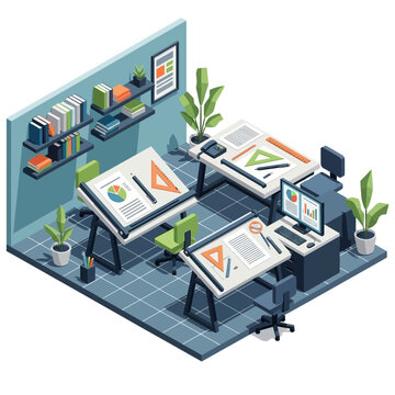 Modern Architecture Design Studio with Drafting Tables and Computers.