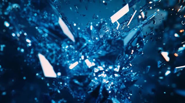 Abstract breaking blue glass fragments exploding in dark space