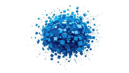 Abstract spherical explosion of blue cubes and particles, perfect for technology presentations, data visualization, or future-forward event themes