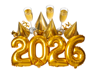  Top View of Golden 2026 Party Elements with Sparkling Champagne, Transparent Background