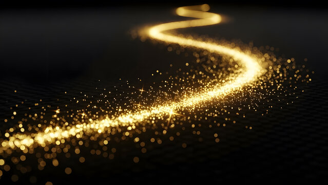 Golden glitter pathway shimmering in the dark, leading towards an unknown destination