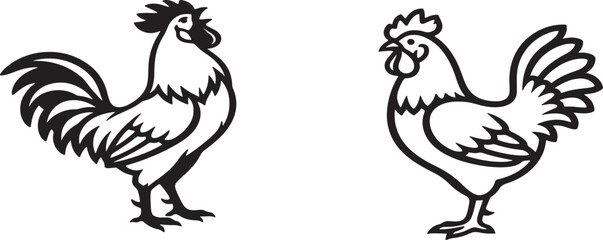 Two stylized illustrations of a rooster and a hen in black and white © kamrul Hasan Shovo