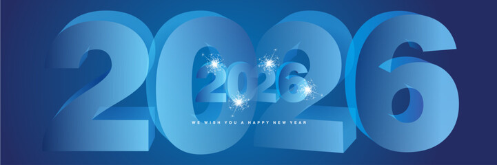 We wish you a Happy New Year 2026 with shining sparkler firework. Modern drawing 3D light blue transparent glass numbers shape of 2026 on blue greeting card