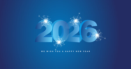 Obraz premium We wish you a Happy New Year 2026 with sparkle firework. Modern 3D light blue transparent glass numbers shape of 2026 on blue greeting card