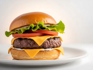 A delicious-looking cheeseburger with lettuce, tomato, and melted cheese on a white plate.