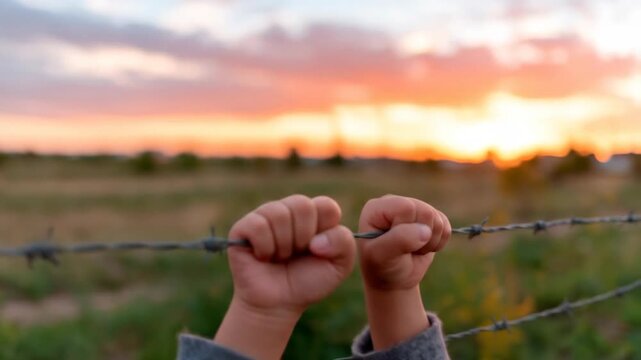 Child hands grasping barbed wire fence against vibrant sunset sky outdoors