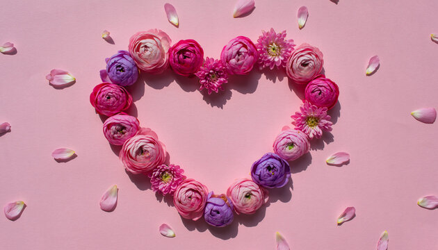 Rangkaian bunga romantis berbentuk hati dari mawar pink, daisy putih, dan krisan pastel di atas latar belakang pink lembut, konsep cinta, valentine, pernikahan, dan kartu ucapan elegan dengan copy spa