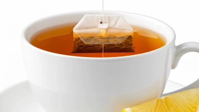 Close Up of White Ceramic Tea Cup with a Tea Bag and Lemon Slice against White Background