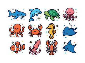 Obraz premium Colorful Sea Icons. Sea creatures. Colorful isometric vector ico