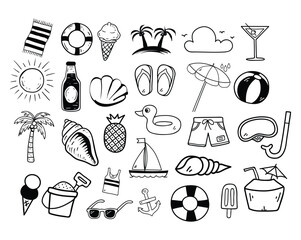 Hand-Drawn Summer Beach and Tropical Doodle Set © Designer