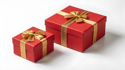 Fototapeta premium Two Red Gift Boxes Tied with Gold Ribbon on White Background.