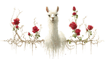 Naklejka premium White llama surrounded by red roses and vines isolated on a transparent background flowers