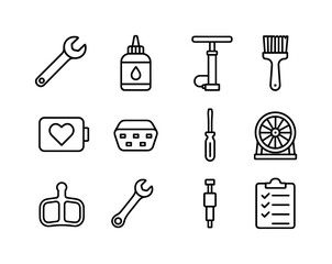 Fototapeta premium E-Bike Maintenance Icons. E-bike maintenance. Line icon set of e