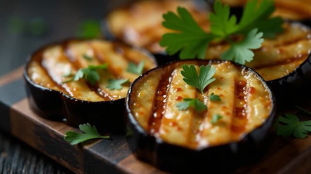 Video A wooden cutting board with sliced eggplant, perfect for appetizers or main courses